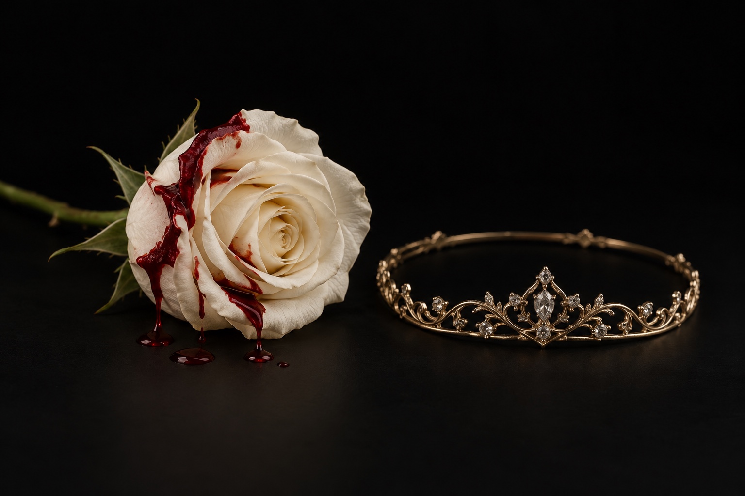 A white rose dripping with crimson blood beside a gold tiara on black