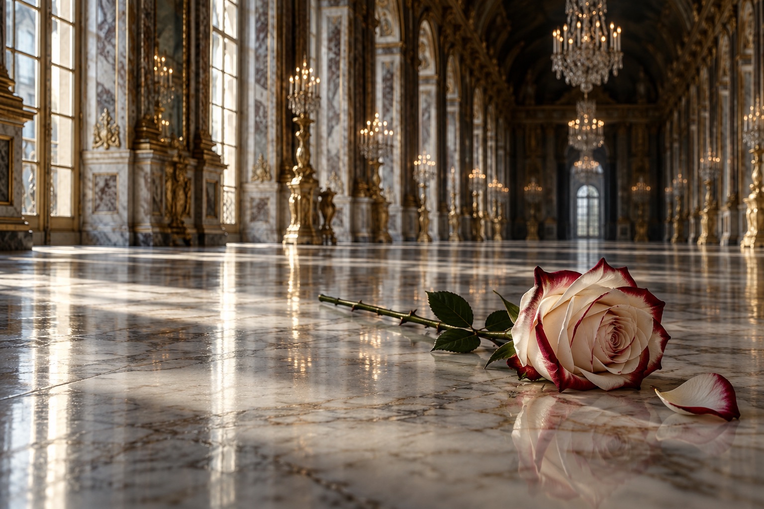 A white rose edged in crimson rests in an opulent palace hall