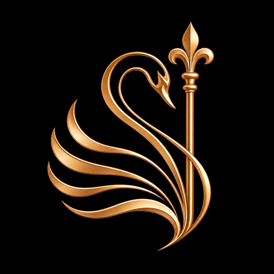 Official Swanverie logo: a gold swan beside a fleur-de-lis scepter on black